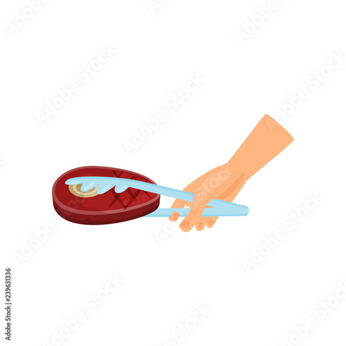 Hand holding tongs with raw steak, cooking process vector Illustration on a white background