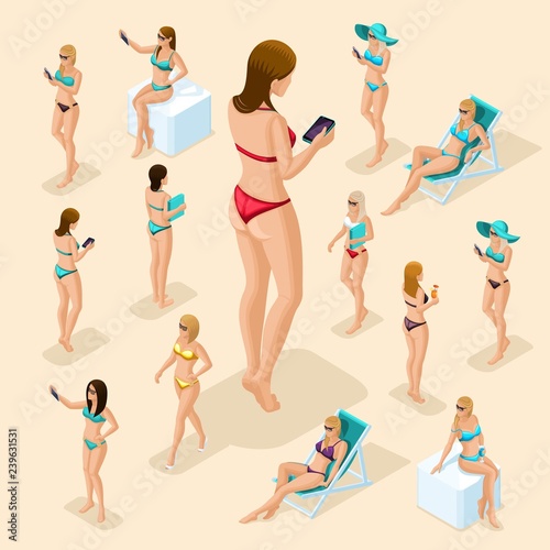 Isometric people girl set, 3D woman on the beach, great choice, front view back view, standing, sitting, lying on sun beds, girls in swimsuit for summer vector illustration