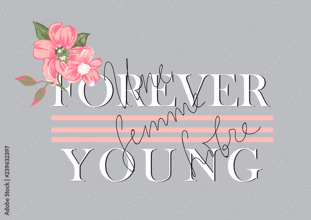 Vector illustration of trendy print for t shirt drawn with a tablet, scribble effect, hand drawn imitation, clothes decor, clothes design, fashion lettering forever young and in french une femme libre
