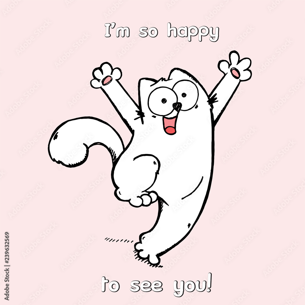 Vector illustration of cute cartoon hand drawn white cat with open arms, happy face, lettering I Vector illustration of cute cartoon hand drawn white cat with open arms, happy face, lettering I