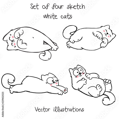 Big set of four hand drawn sketch white resting cats. Vector black and white illustration isolated on white, collection with sleeping kettens, can be used as trendy fashion print for t shirt, pajamas