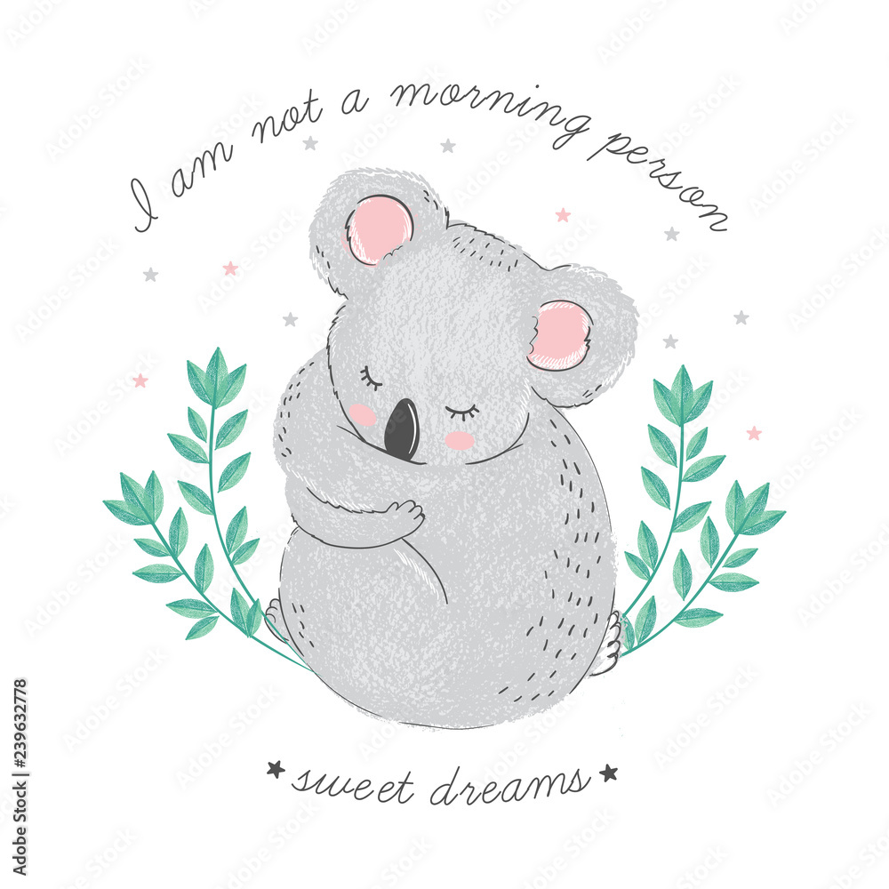 Cute card with sleeping koala with closed eyes, bamboo and lettering I am not a morning person, sweet dreams. Vector kawaii hand drawn illustration in anime minimalistic syle. Good night Stock Vector | Cute card with sleeping koala with closed eyes, bamboo and lettering I am not a morning person, sweet dreams. Vector kawaii hand drawn illustration in anime minimalistic syle. Good night Stock Vector |