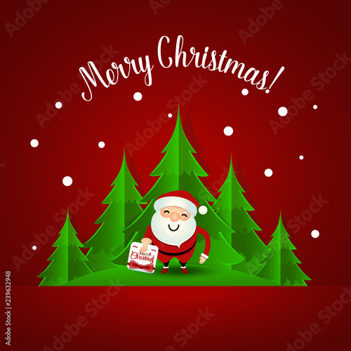 Christmas Greeting Card with Santa Claus and Christmas tree. Vector illustration
