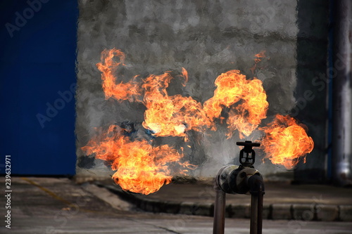 Gas pipeline leaks at the joints with the valve. Spark and Fire on the gas pipeline. An explosion at the gas pipeline.