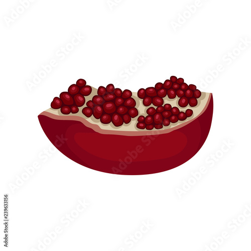 Slice of pomegranate full of juicy seeds. Natural and healthy fruit. Organic product. Flat vector icon