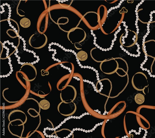 seamless pattern with gold chain, belt and pearls.vector illustration