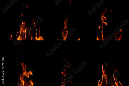 set of fire flames on black background