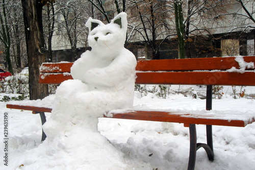 Photography The figure of a huge cat, sculpted from the snow on the city bench in Kyiv