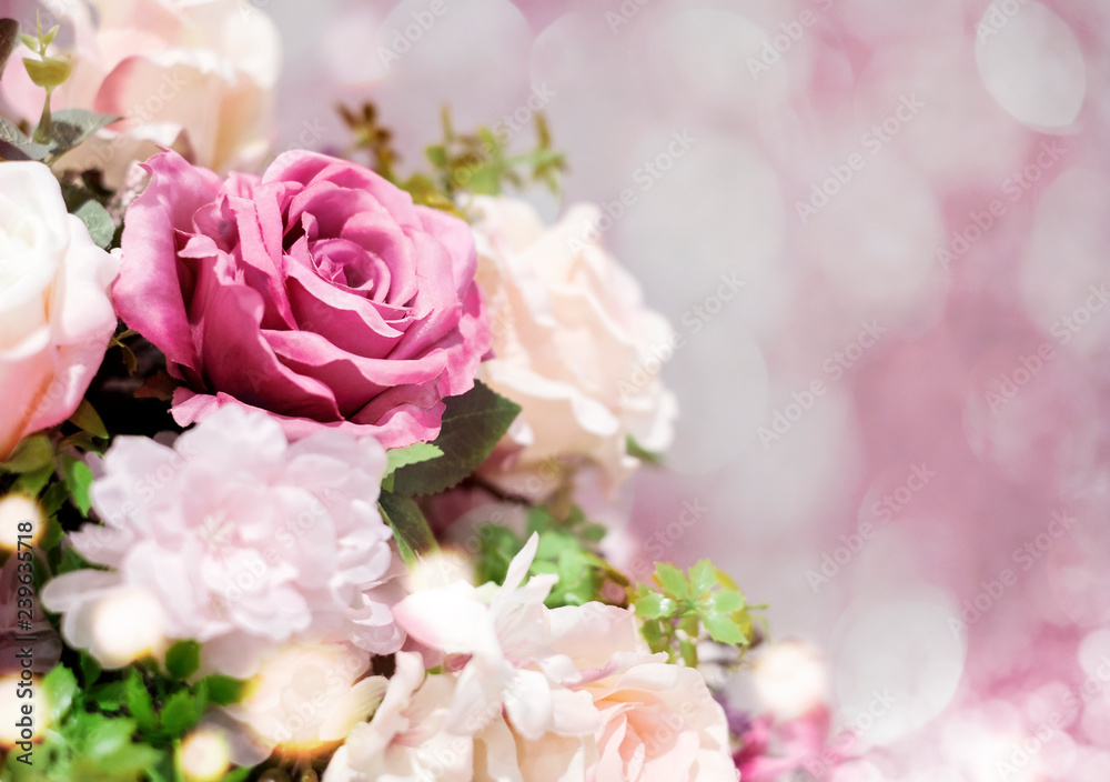 Valentine's day decoration of roses on pink bokeh background Valentine's day decoration of roses on pink bokeh background