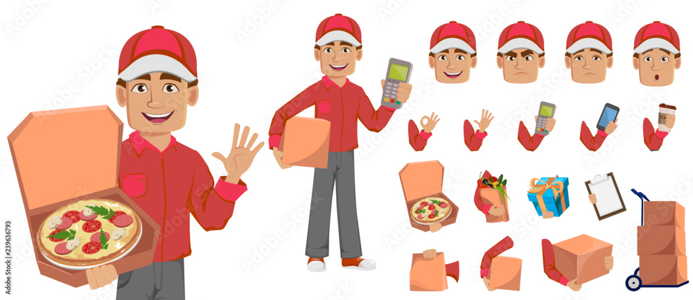 Courier man in red uniform. Handsome delivery man