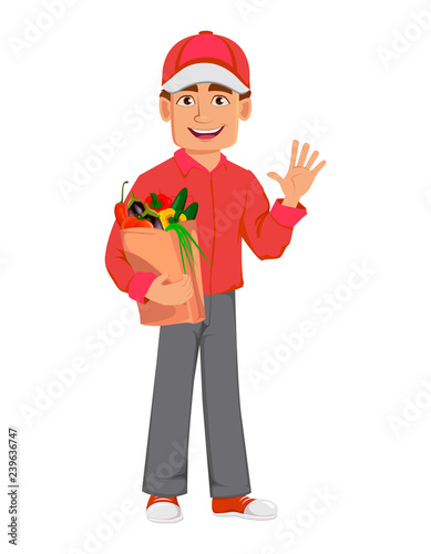 Courier man in red uniform. Handsome delivery man