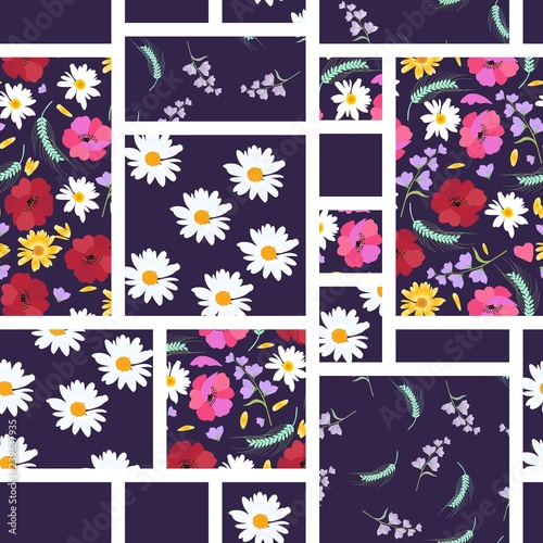 Seamless patchwork pattern with summer flowers - daisies, poppies, bellflowers. Vector illustration.