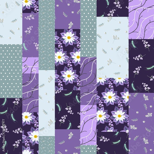 Seamless patchwork pattern with flowers and polka dot ornament. Vector illustration in violet and green colors.