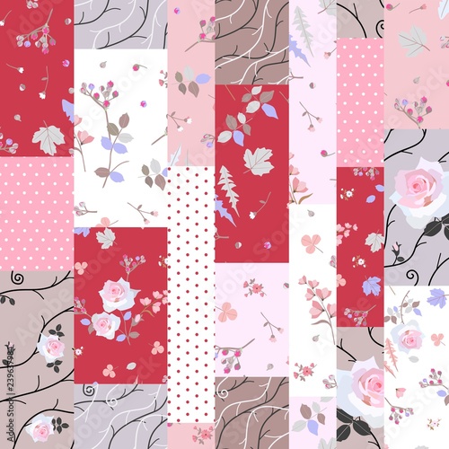 Beautiful seamless patchwork pattern. Floral and polka dot patches. Print for fabric. Vector illustration.