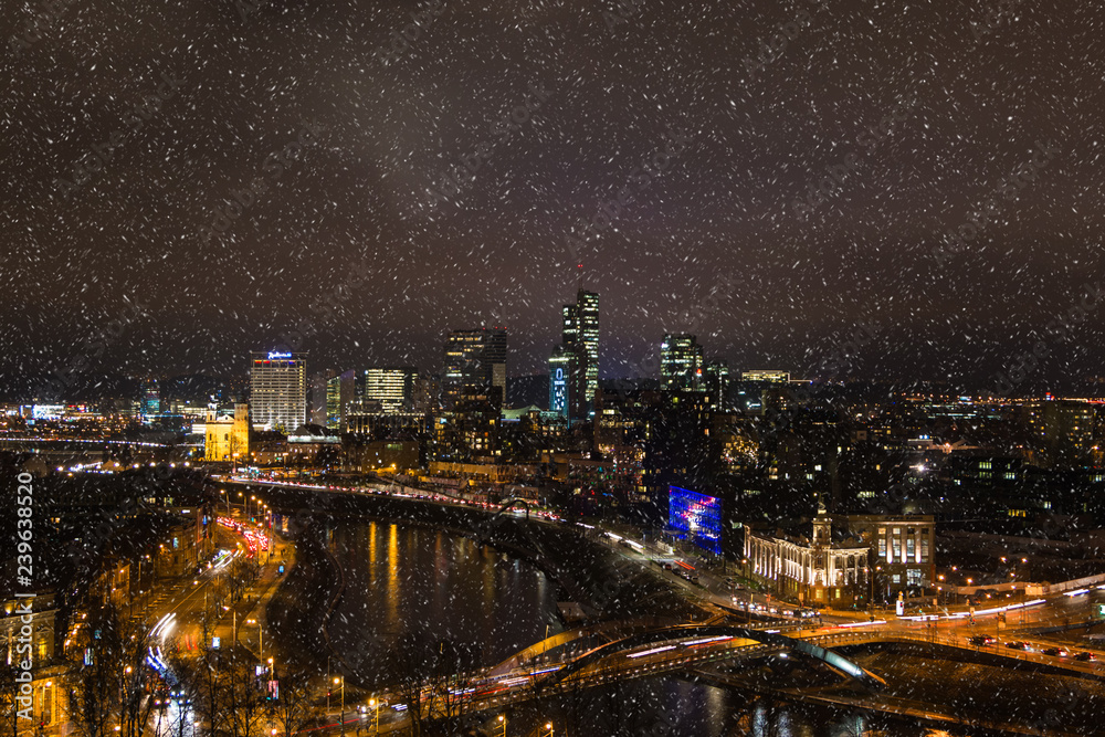 Obraz premium Night view of Vilnius city. Panorma. Snow. Winter. Christmas.