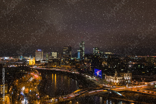 Night view of Vilnius city. Panorma.  Snow. Winter. Christmas.