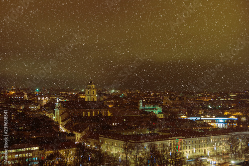 Night view of Vilnius city. Panorma. Snow. Winter. Christmas.