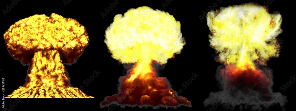3D illustration of explosion - 3 big very detailed different phases mushroom cloud explosion of fusion bomb with smoke and fire isolated on black