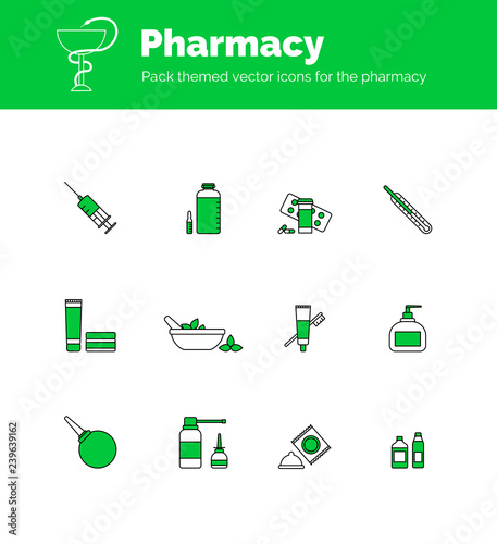 Set of vector isolated pharmacy icons.
