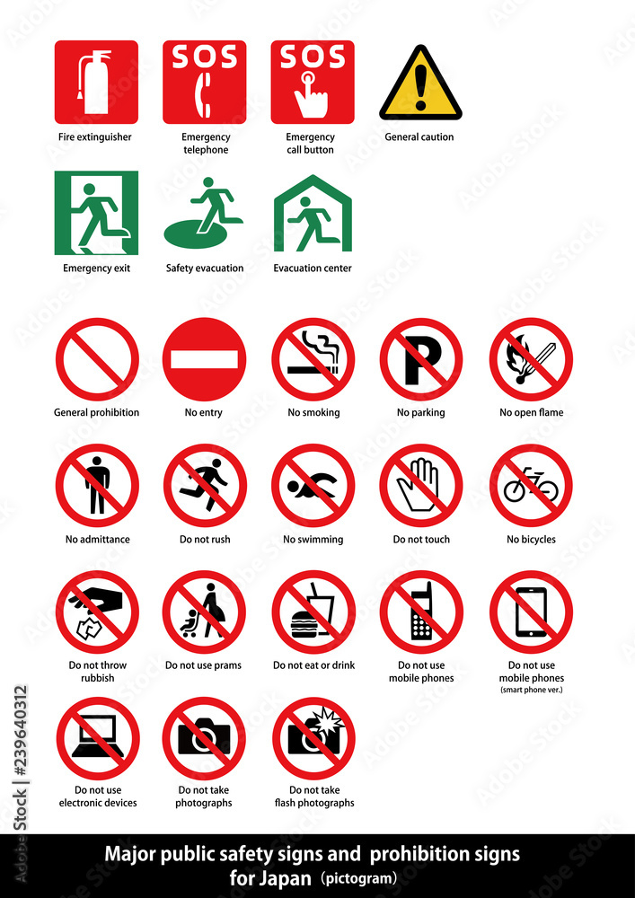 Major public safety signs and prohibition signs for Japan (pictogram ...