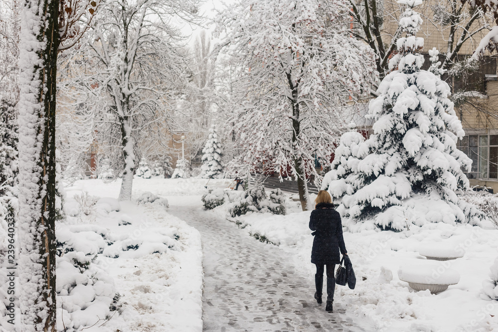 Girl in winter landscape. Walk in the alley of trees. Emotion, joy, sadness. Woman in black coat, trousers, scarf and cap.