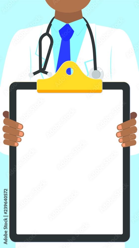 Close-up doctor holding a clipboard without text for stories. Paper for writing or useful information flat style design isolated on light blue background. Male man, hospital employee, stethoscope. Close-up doctor holding a clipboard without text for stories. Paper for writing or useful information flat style design isolated on light blue background. Male man, hospital employee, stethoscope.