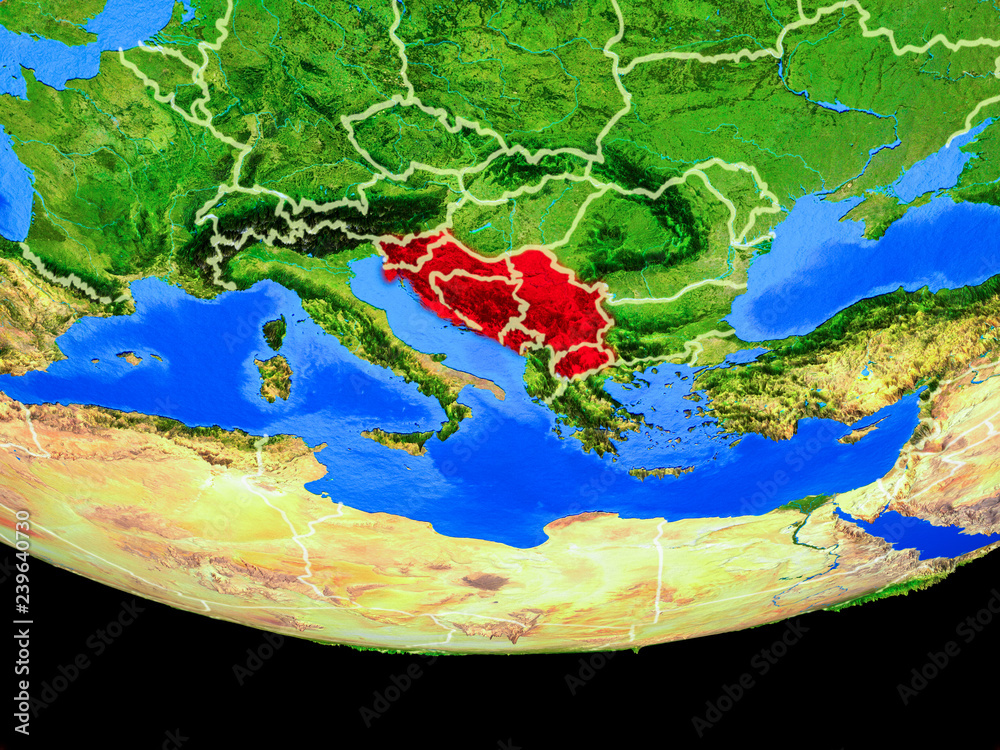 Former Yugoslavia from space on model of planet Earth with country borders.