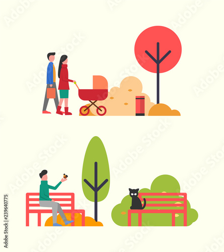 People Relaxing in Autumn Park, Family with Pram © robu_s