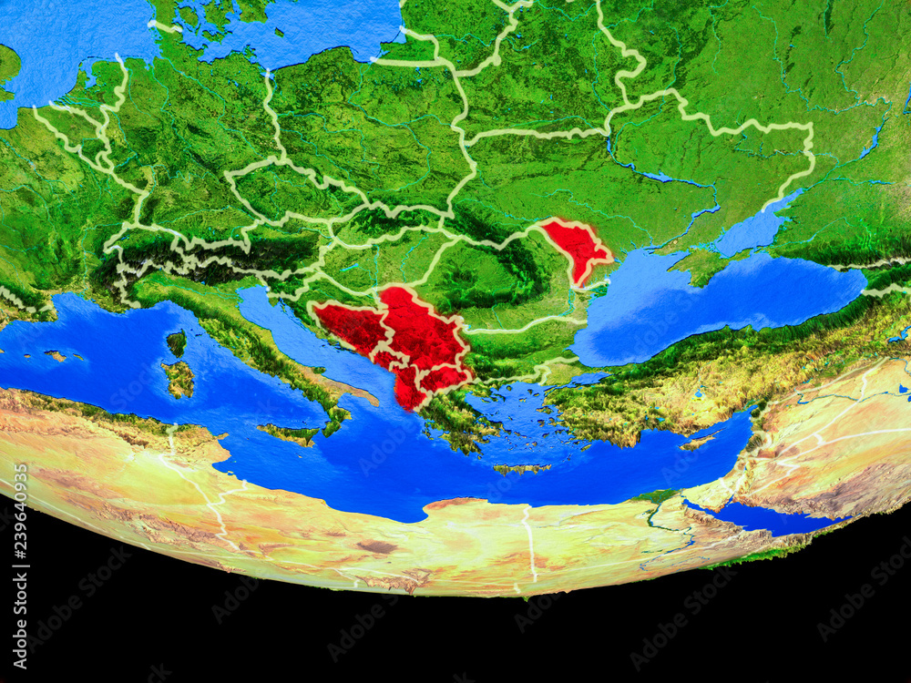 CEFTA countries from space on model of planet Earth with country borders.