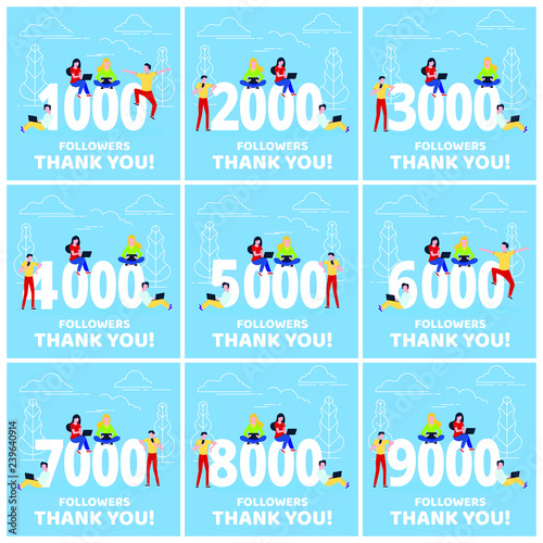 Thank you 1-9k followers numbers postcard set. People man, woman big numbers flat style design thanks vector illustration isolated on blue background. Template for internet media and social network.