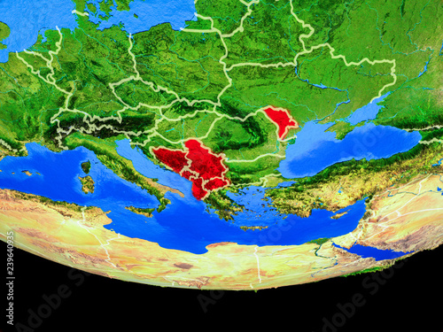 CEFTA countries from space on model of planet Earth with country borders. photo