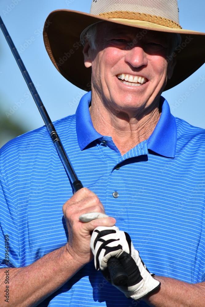 Athletic Male Golfer Smiling With Golf Club Golfing Athletic Male Golfer Smiling With Golf Club Golfing