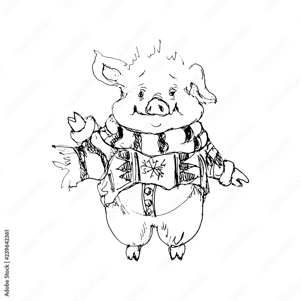 Chinese 2019 New Year symbol Santa pig cartoon chibi character children coloring page isolated on white background
