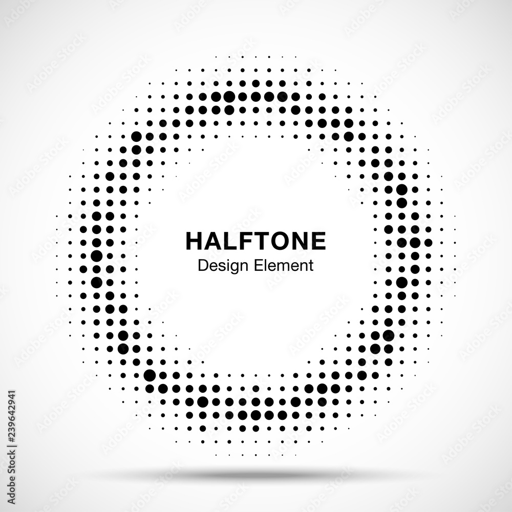 Halftone circle vector frame with black abstract random dots, logo emblem design element for technology, medical, treatment, cosmetic. Round border Icon using halftone circle dots raster texture. Halftone circle vector frame with black abstract random dots, logo emblem design element for technology, medical, treatment, cosmetic. Round border Icon using halftone circle dots raster texture.