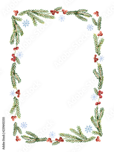 Watercolor vector Christmas frame with snowflakes  berries and fir branches.