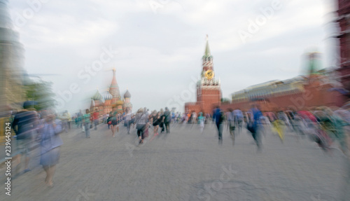  St. Basil's Cathedral, Spasskaya Tower, Kremlin, Red Square in Moscow with the effect of motion