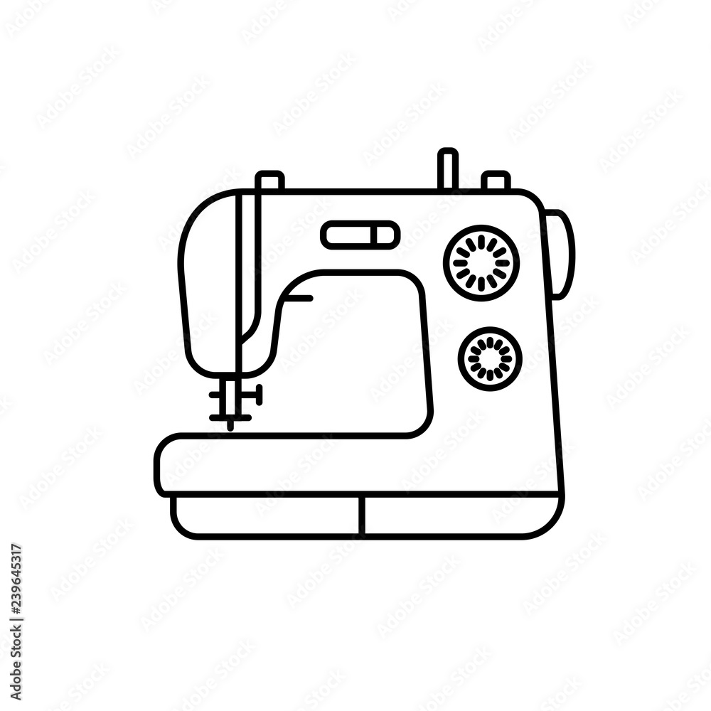 Black & white illustration of sewing machine. Vector line icon. Isolated object