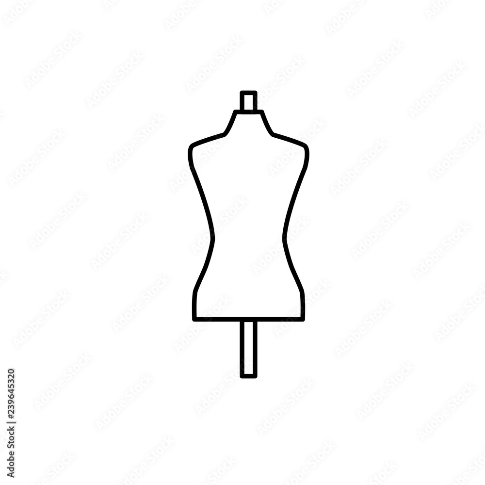 Black & white illustration of female mannequin. Tailor dressmaker dummy.  Vector line icon of dress form. Isolated object Stock Vector