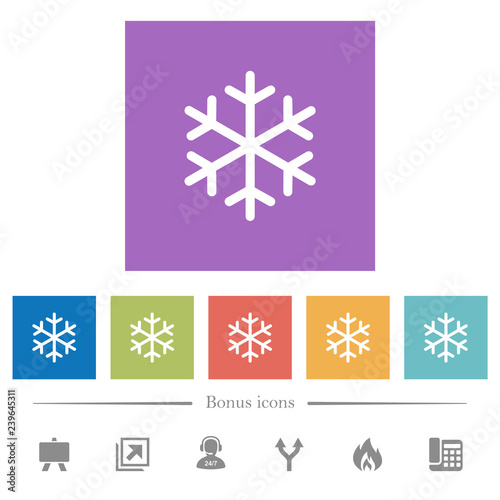 Single snowflake flat white icons in square backgrounds