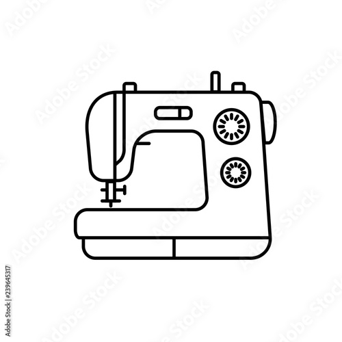 Black & white illustration of sewing machine. Vector line icon. Isolated object