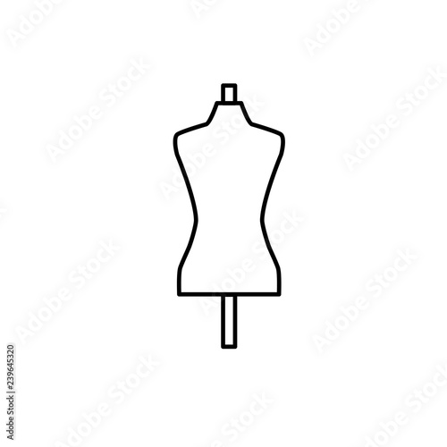 Black & white illustration of female mannequin. Tailor dressmaker dummy. Vector line icon of dress form. Isolated object