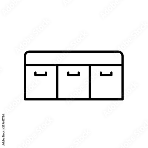 Upholstered storage wooden bench with shelves. Entryway patio furniture. Vector line icon