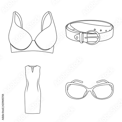 Vector illustration of woman and clothing sign. Set of woman and wear stock vector illustration.