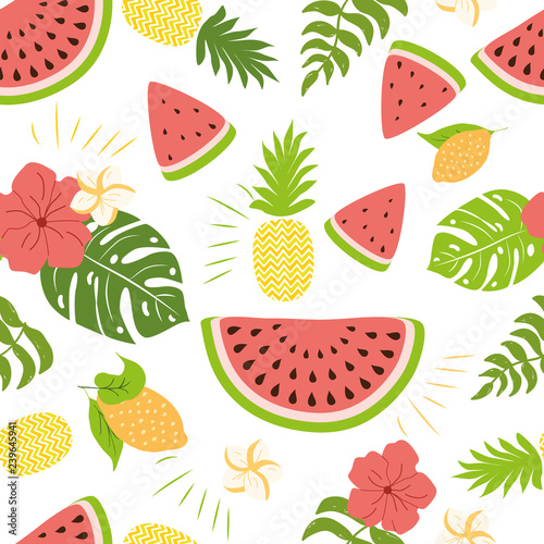 Seamless summer pattern watermelon pineapples tropical leaves Summer fruit mix design fabric decor vector