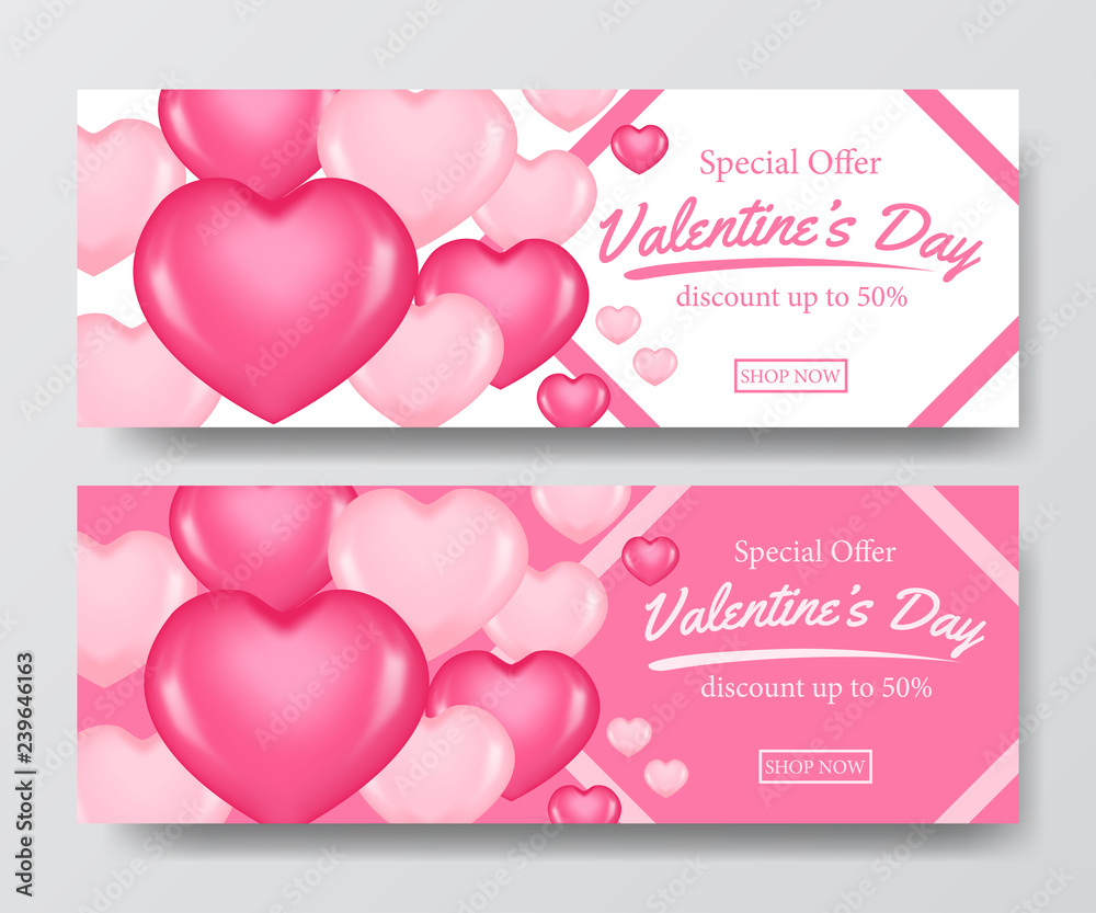Happy Valentine day sale offer banner template with 3D pink hearth balloon for marketing or business promotion. Vector illustration