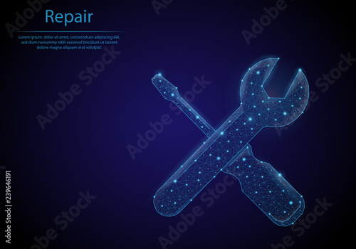 Abstract image screwdriver and wrench in the form of a starry sky or space, consisting of points, lines, and shapes in the form of planets, stars and the universe. Low poly vector background.