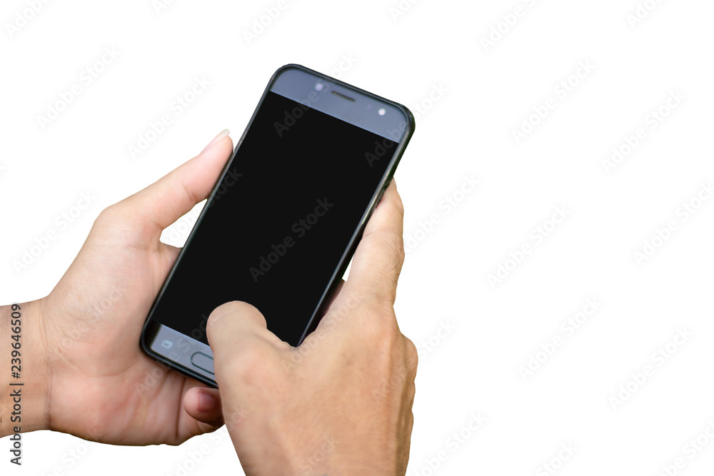 Asian businessman hand are using Mobile phone and typing message on smartphone app isolated white background with clipping path ,Network Signal concept Asian businessman hand are using Mobile phone and typing message on smartphone app isolated white background with clipping path ,Network Signal concept