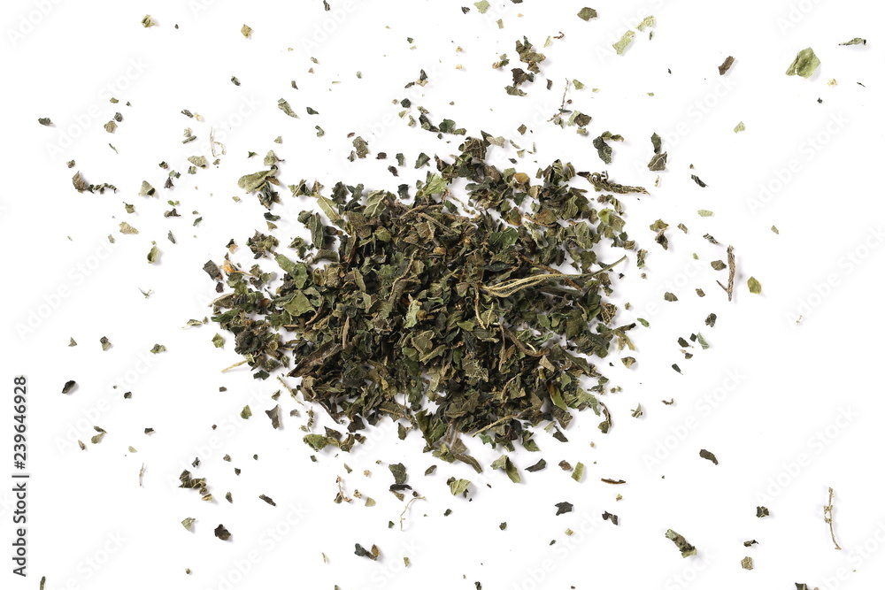 Dry, cut and sliced nettle pile, isolated on white background, top view Dry, cut and sliced nettle pile, isolated on white background, top view
