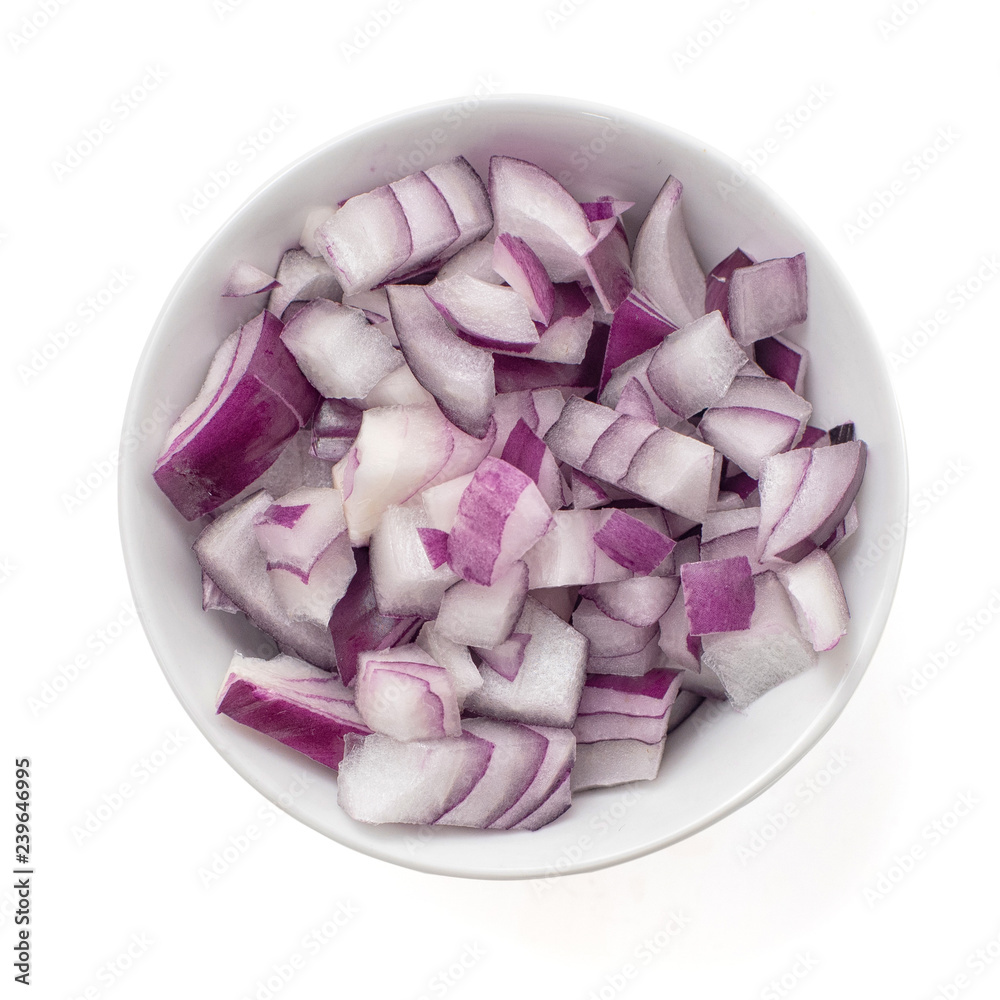 Finely chopped fresh red onion in a generic ceramic bowl isolated on white.  Top view фотография Stock | Adobe Stock