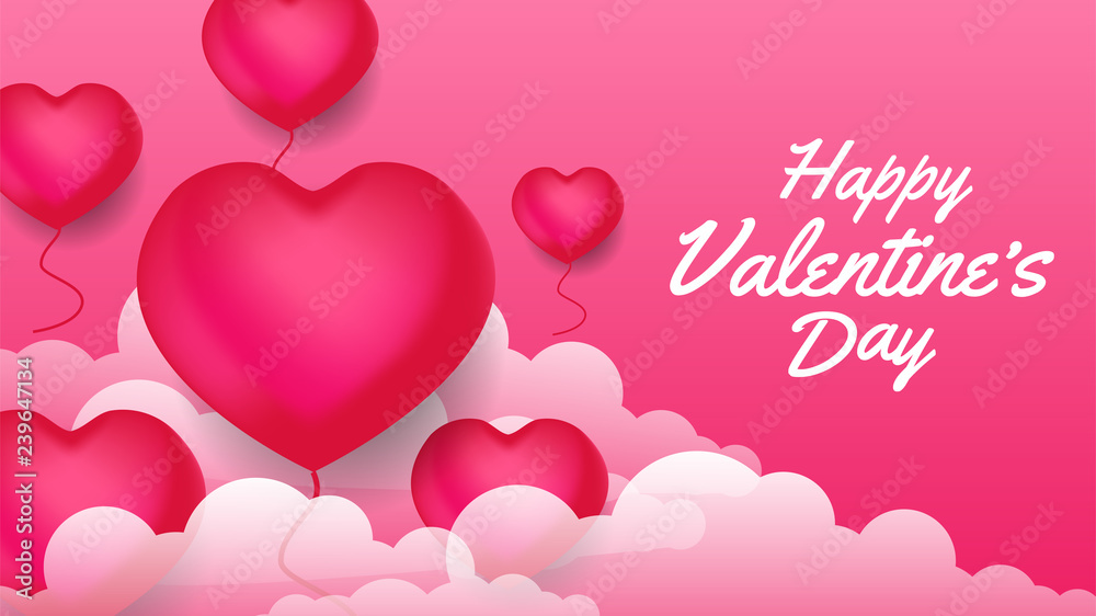 Happy Valentine Day banner template with 3D hearth shape balloon with mist or cloud. vector illustration